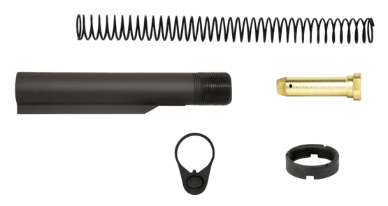 Tacfire AR-15 Milspec Buffer Tube Kit includes a pistol buffer tube with foam insert, carbine length buffer spring, regular end plate, and castle nut.
